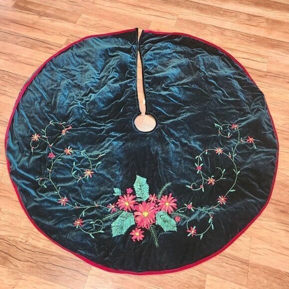 Vintage 90s Dark Green Red Velvet Tree Skirt Ribbon Poinsettias 52" Diameter - Picture 1 of 5